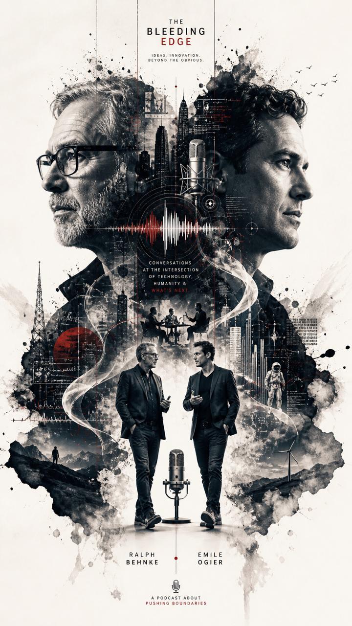 Cinematic poster — Ralph Behnke and Emile Ogier as silhouettes overlaid with city skyline and microphone
